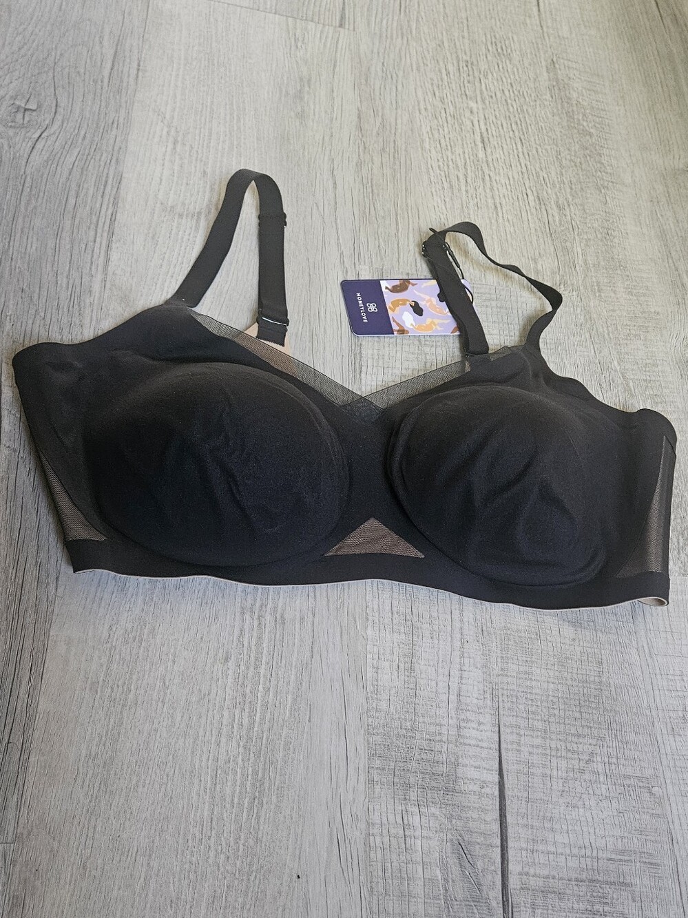 Honeylove Silhouette Bra 2X 42C 42D Black Beige Wireless Support Mesh NWT New